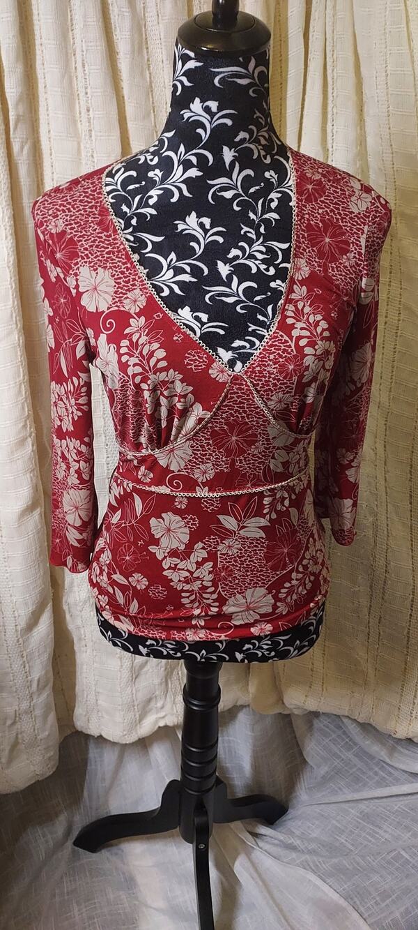 Vintage MCM Red Belted Floral Long Sleeve Blouse Size Large